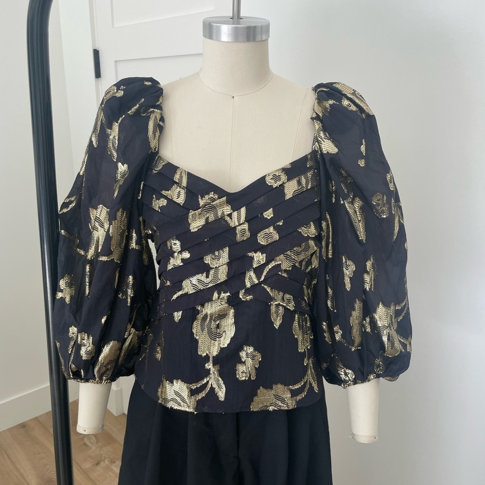 Express Black Top with Gold Metallic Floral Puff Sleeves